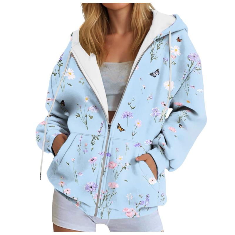 Graphic Stylish Print Women'S Hooded Sweatshirt Oversized Zipper Cardigan With Pocket Trendy Long-Sleeve Casual Hoodie Jacket