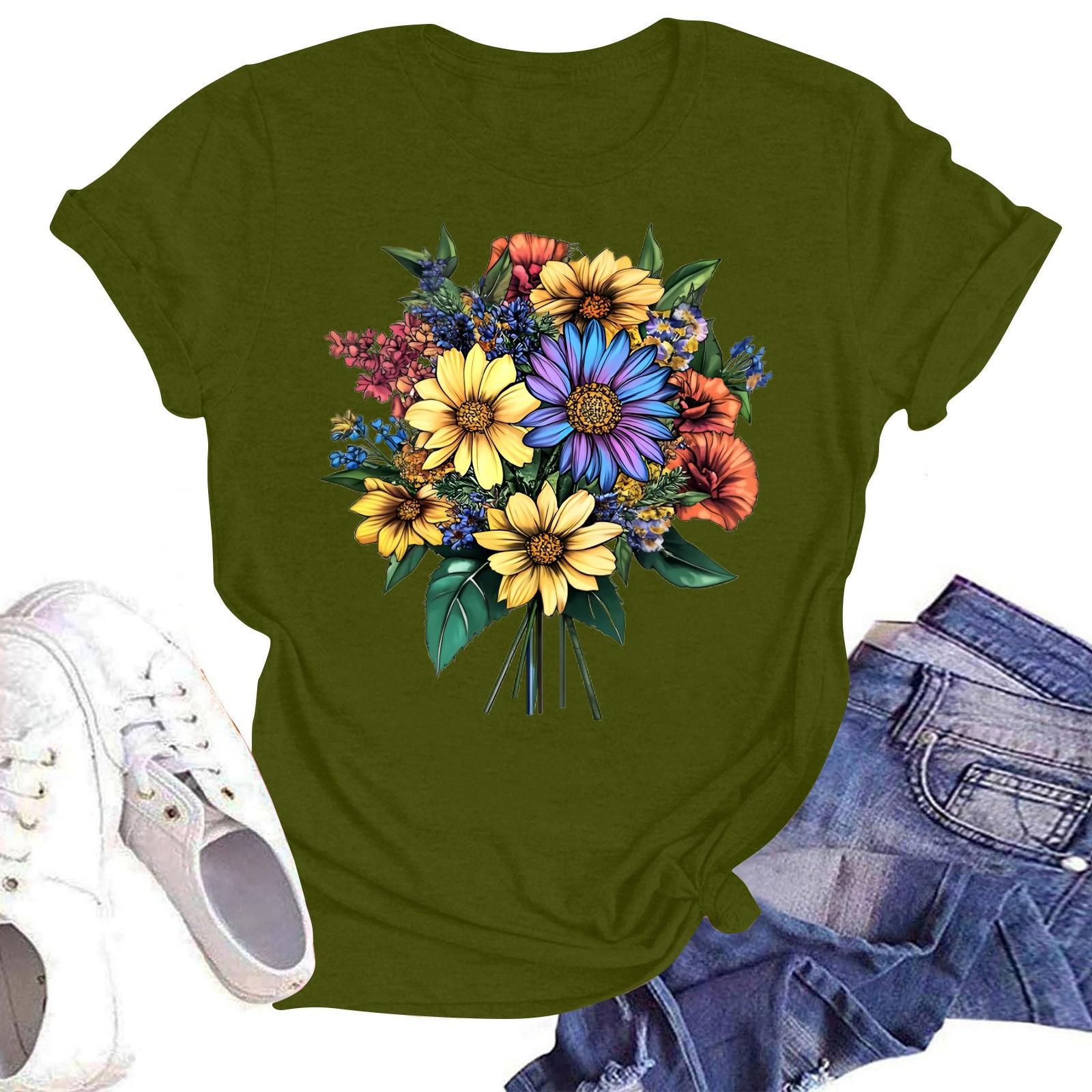 

Женская повседневная свободная футболка с принтом, круглый вырез, пуловер, короткий рукав, топ L армия зеленый