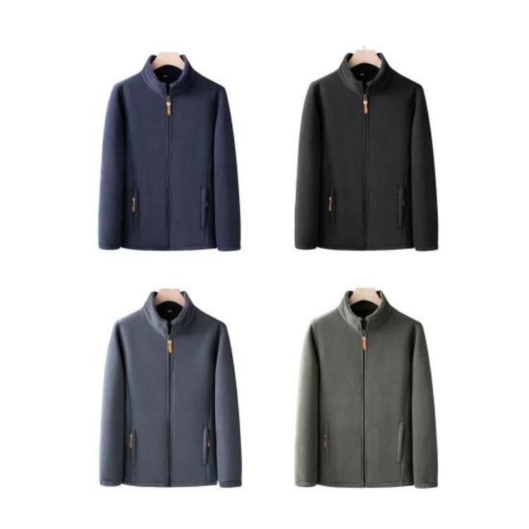 Solid Color Men Coat Stand Collar Cardigan Jacket Polar Fleece Lining Long Sleeve Zipper Placket Daily Wear Outwear