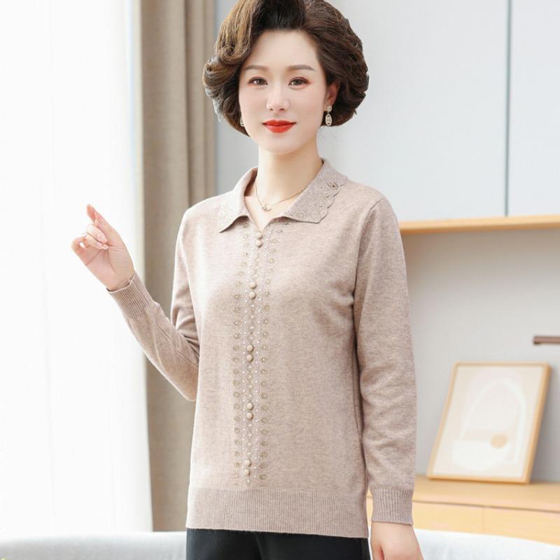 Mom Spring New Long-sleeved T-shirt Casual Age 0 Women's Clothes Medium Women's Spring Lapel Top