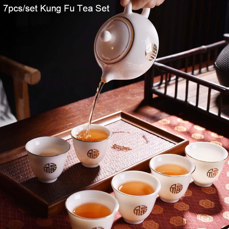 BORREY 7Pcs Ceramic Tea Set Suet Jade Kung Fu Tea Set Simple Tea Making Maker Meeting Guests White Porcelain Teapot Cup Gift Box