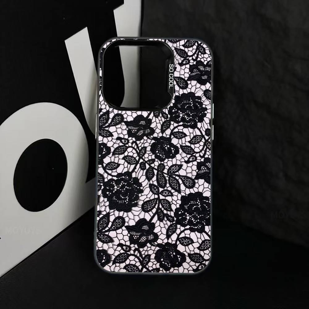B-Black lace print Phone Case For iPhone 17,16,15,14,13,12,11 Plus,Pro Max,XS,Colorful Silver Black Cover