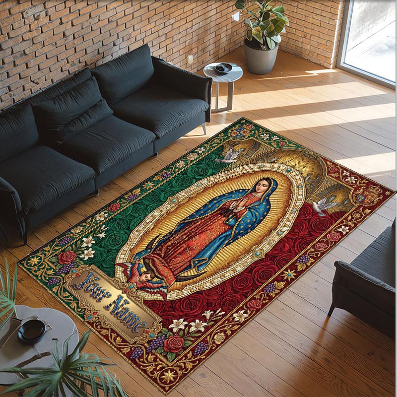 Virgin Mary Theme Crystal Velvet Rug Personalized Custom Name Text Soft Floor Mat Home Decor