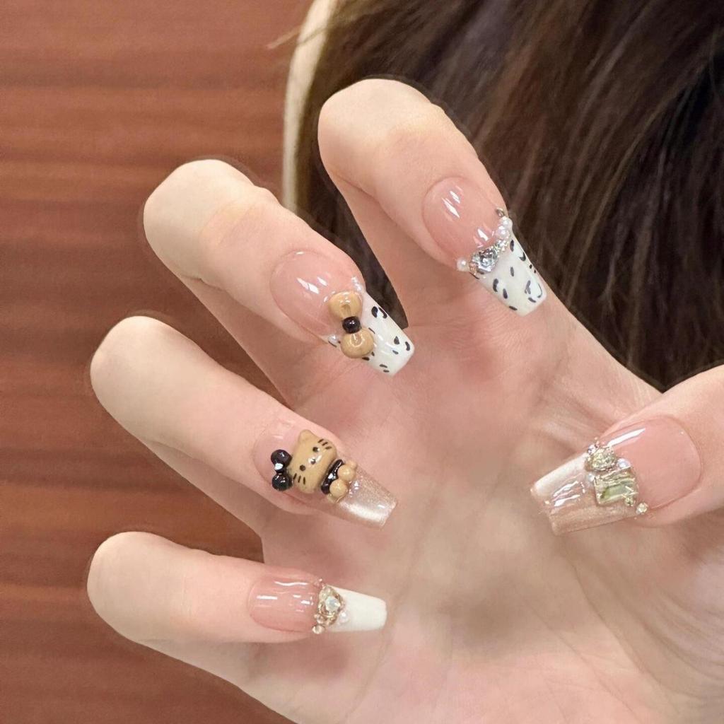 Blush French Cat Eye Princess Bow Nails - Handmade Wearable Nail Art