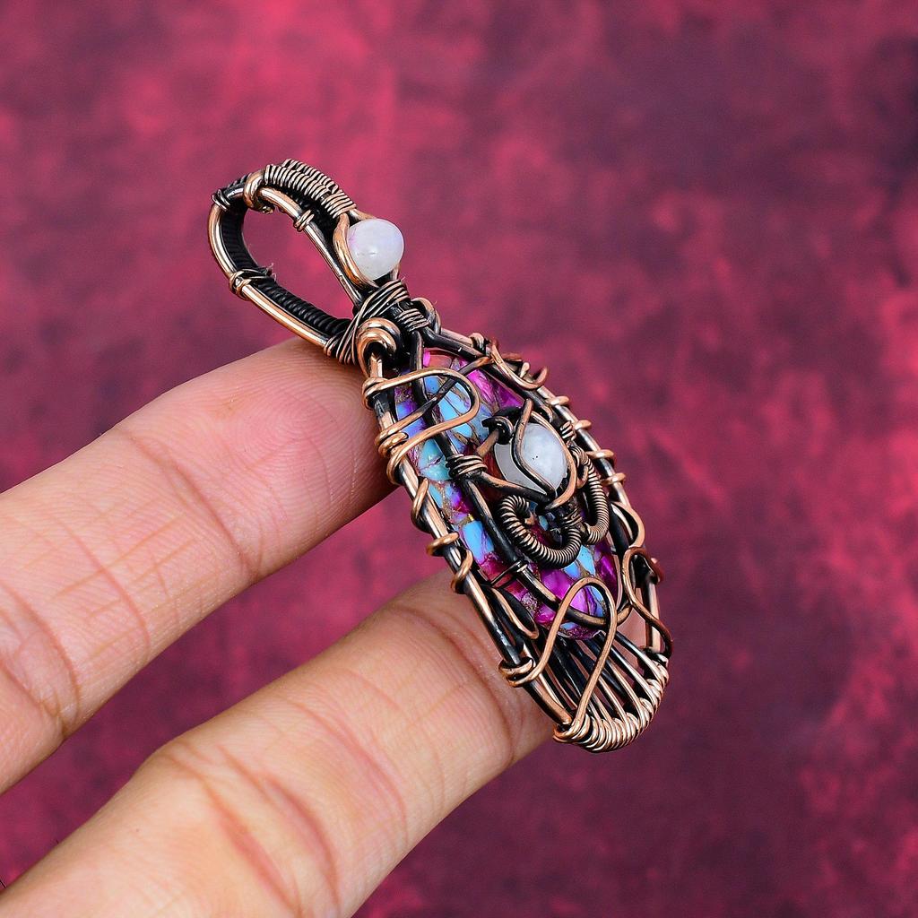Evil Eye Natural Kingman Pink Dahlia Turquoise Pendant Copper Wire Wrap Jewelry