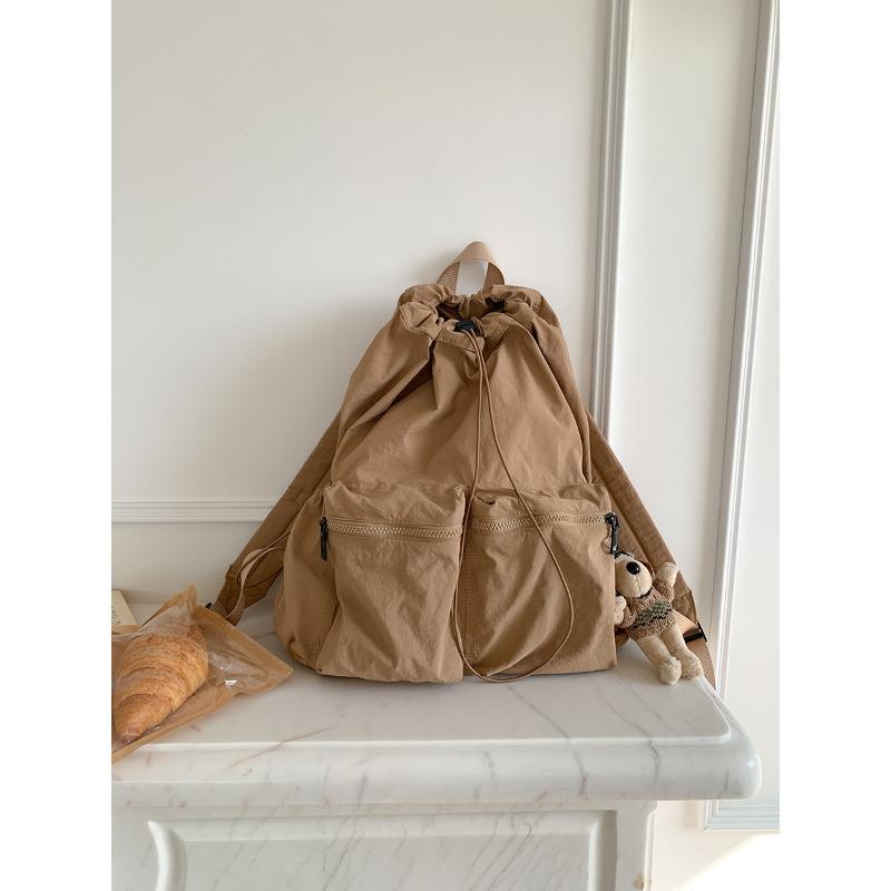 Drawstring Pleated Schoolbag Backpack Women's Niche~~ Nylon Large Capacity Travel Light Backpack Commuter Women