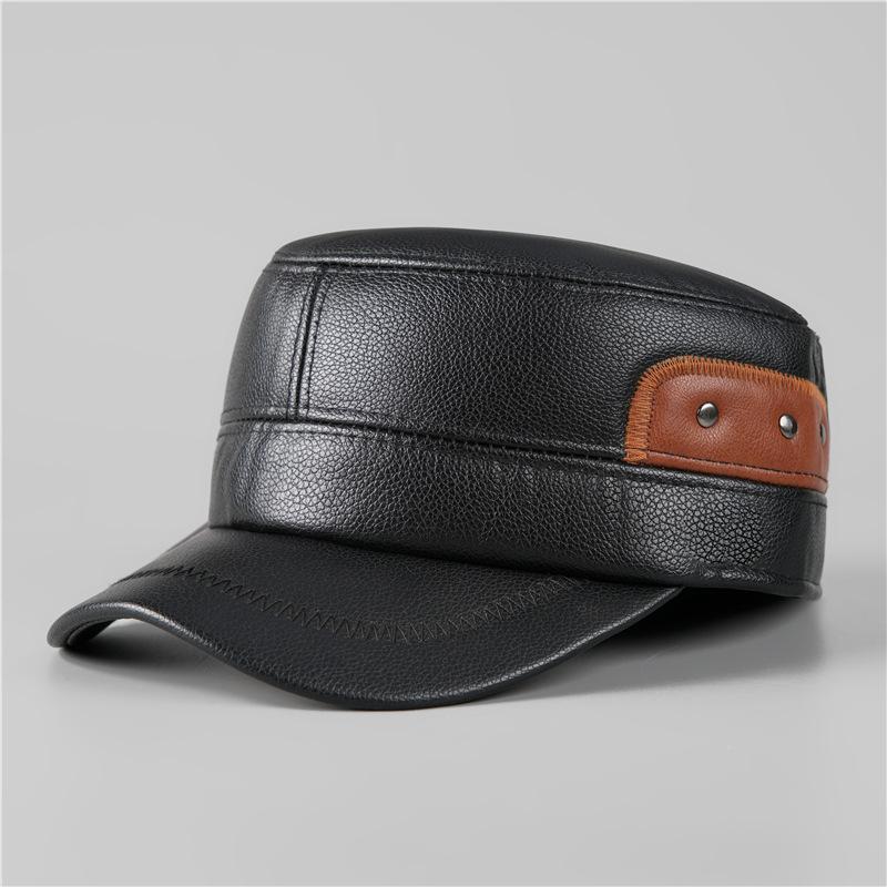 Hat Men's Winter Leather Hat Autumn and Winter Fleece Ear Protector Flat Top Hat Peaked Cap