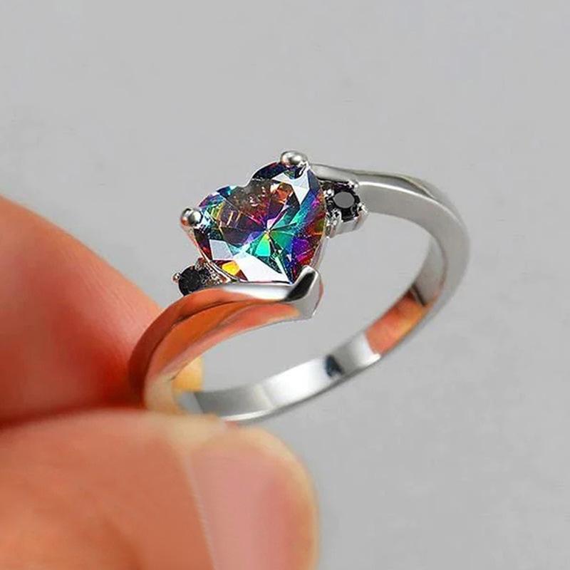 1Pc Fashion Synthetic Zircon Rainbow Heart Ring Creative Rainbow Peach Heart Ring Swing Arm Design Multifunctional Ring