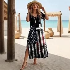 American Flag Flower Pattern Slim Long Dress V-neck Short Sleeve Side Split Hanging Loose Medium and Long Dress