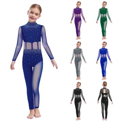 Girls Dance Performance Jumpsuit Full Body Leotard Long Sleeve Mock Neck Mesh Patchwork Keyhole Back Bodysuit
