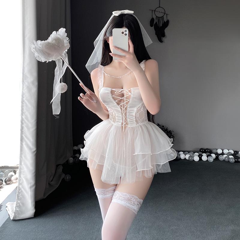 Sexy Women's Wedding Dress Uniform Cosplay Lingerie Set Hot Erotic Transparent Lace Apparel For Sex Underwear Porno Outfit