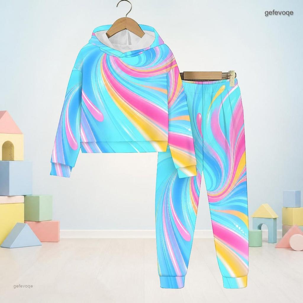 Kids Boys Girls Hooded Long Sleeve Colorful Printed Sweatshirt And Cuffed Pants Two Piece Set