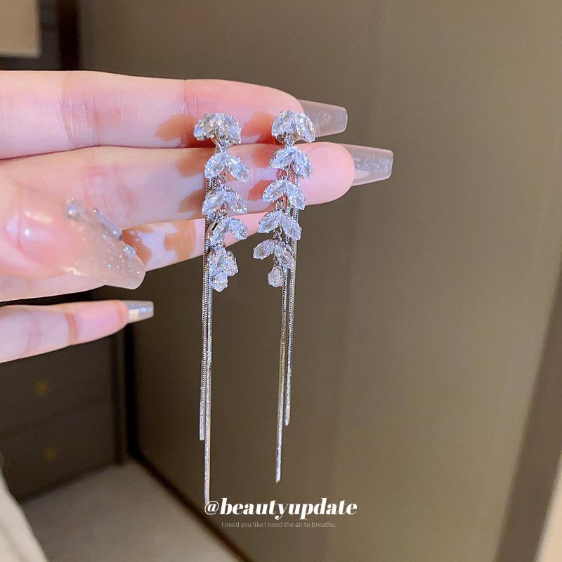 Silver Needle Korean Zircon Wheat Tassel Stud Earrings: Elegant, High-End Fashion Accessories for Women.