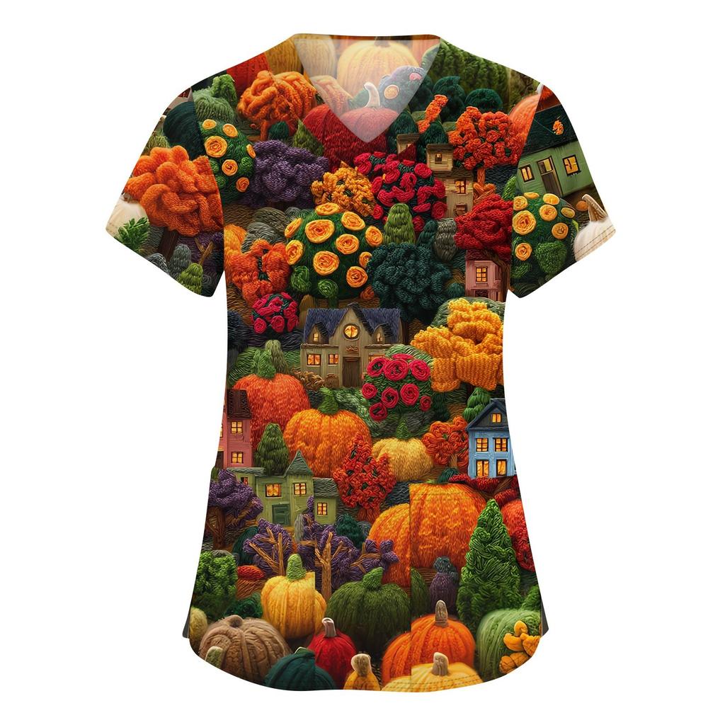 Damenmode V-Ausschnitt Kurzarm Arbeitskleidung mit Taschen Halloween bedruckte Tops
