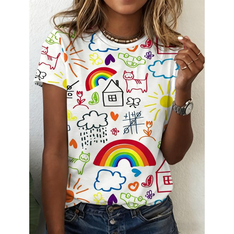 2026New Product Fun Graffiti Rainbow Cat Sunflower Print All-season Casual Tops Women's Short Sleeve