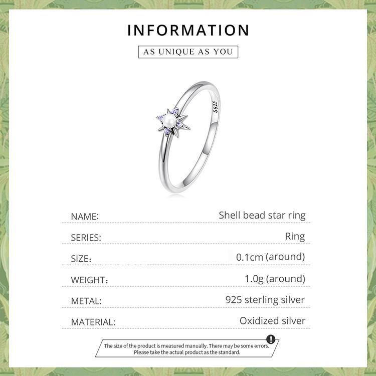 WOSTU 925 Sterling Silver Romantic Shining Shell Bead Star Ring for Women Fine Jewelry Gift