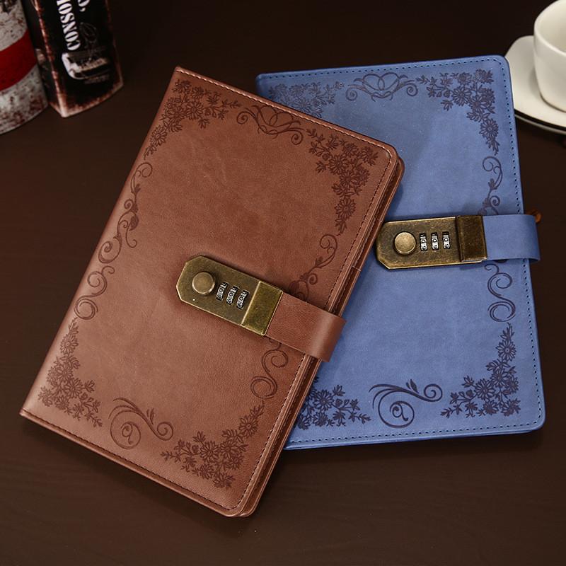A5 Vintage PU Leather Hardcover Lock Diary Notebook 3D Password Design with Coded Lock Notebook