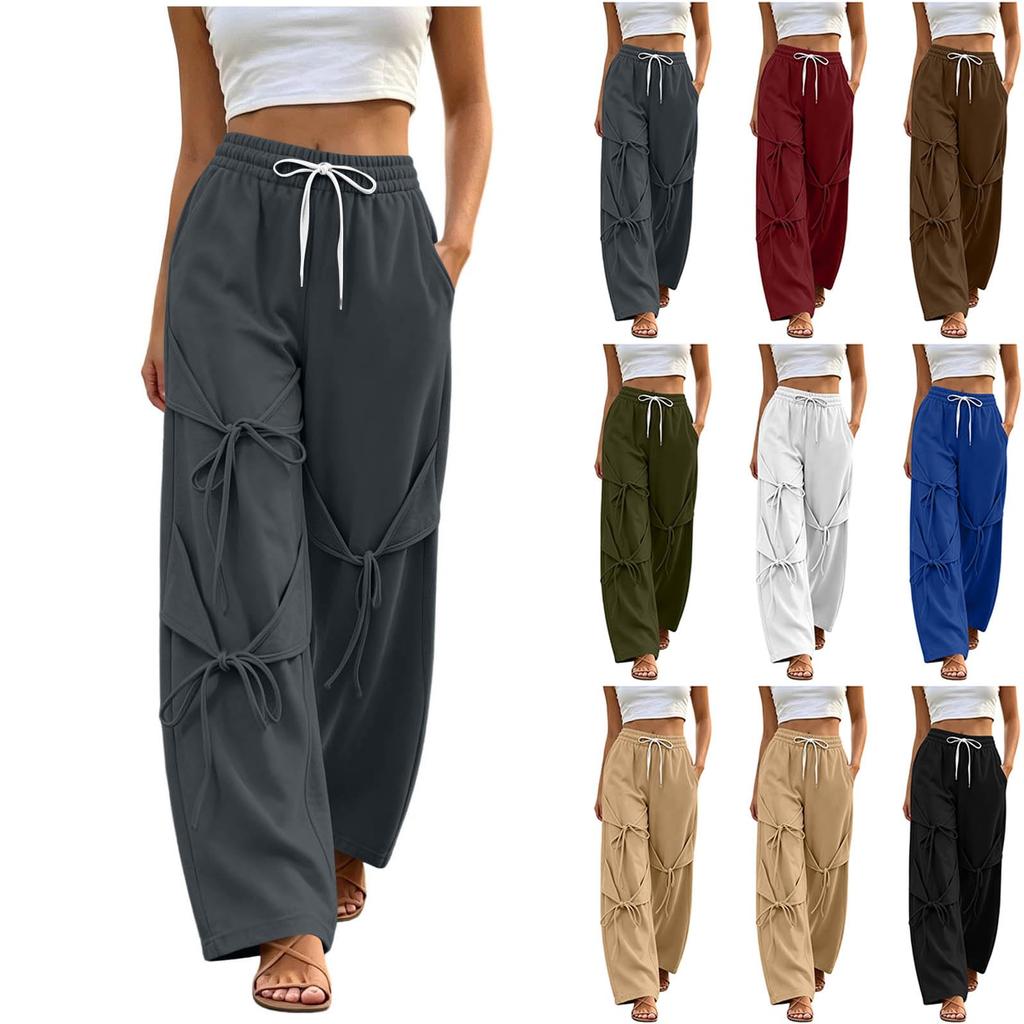 Women's Casual Drawstring Wide Leg Tapered Pants with Pockets and