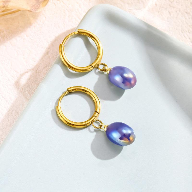 Hepburn Style Titanium Necklace Set with Blue Pearl Gradient Earrings
