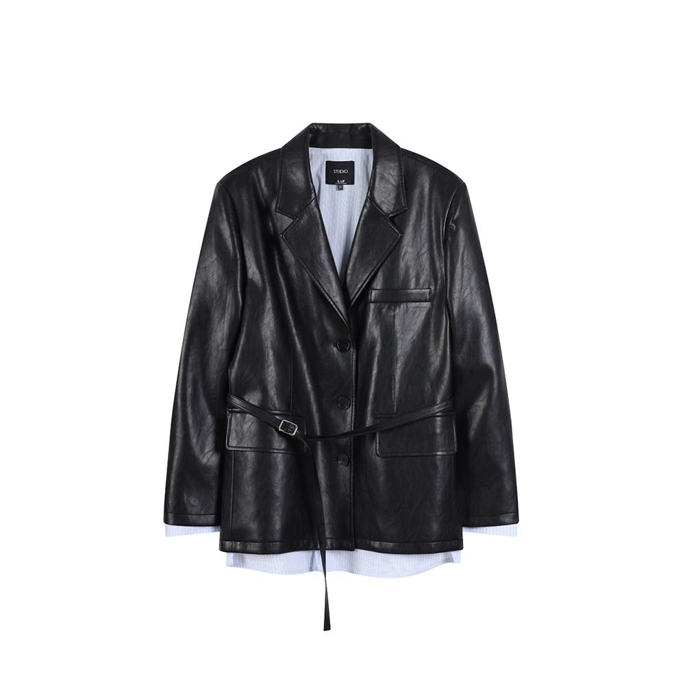 LAP Shirt Color Block Faux Leather Jacket As3Lz864