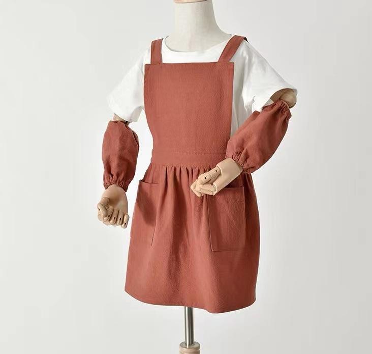 Kawaii Japanese Style Kids Apron Dress Solid Color Cotton Coffee Aprons Cross-back Soft Gardening Overalls for Painting Baking