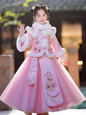 Mädchen Winter Neujahr Hanfu Set: Warmes Rock-Outfit im traditionellen Tang-Stil