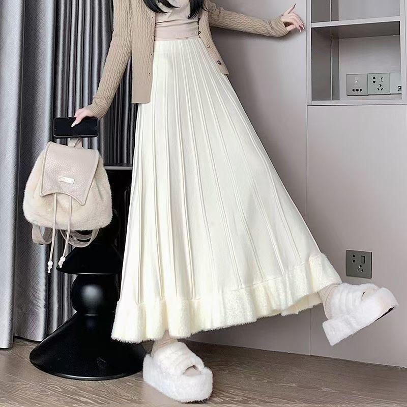 Autumn Winter Women's Knitted Pleated Skirt Long High-waist A-line Skirt