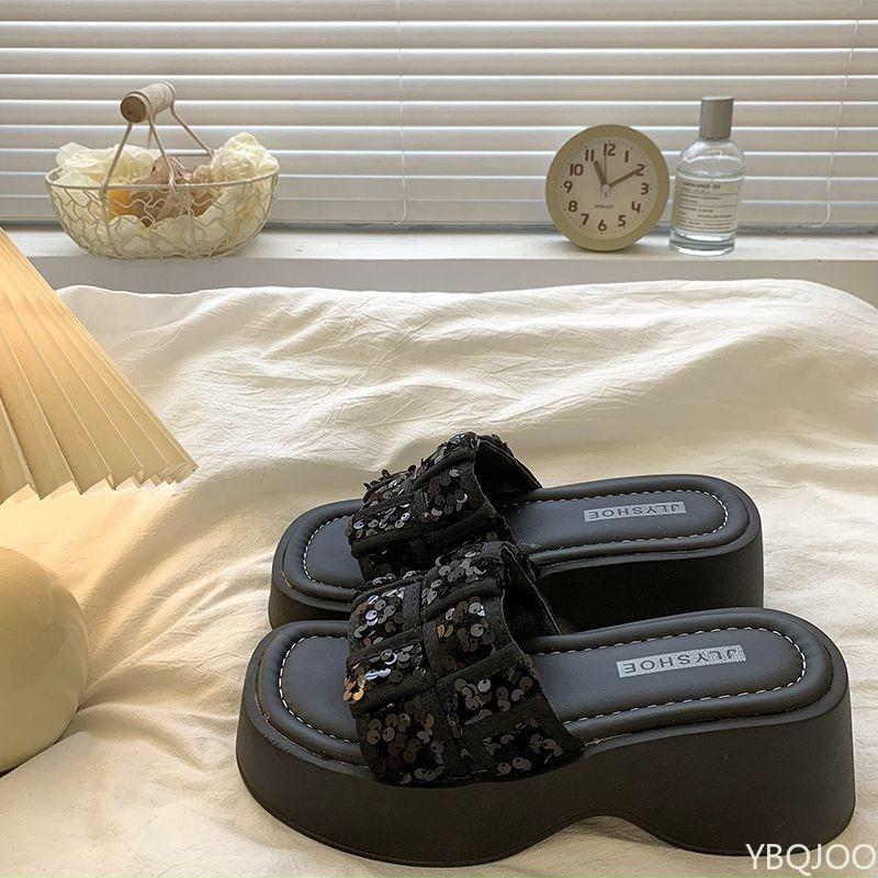 Open-toe Women's Casual Comfortable Fish Mouth Shoes Women Summer Sequin High-heeled Sandals Simple Thick-sole Slippers 2025 New
