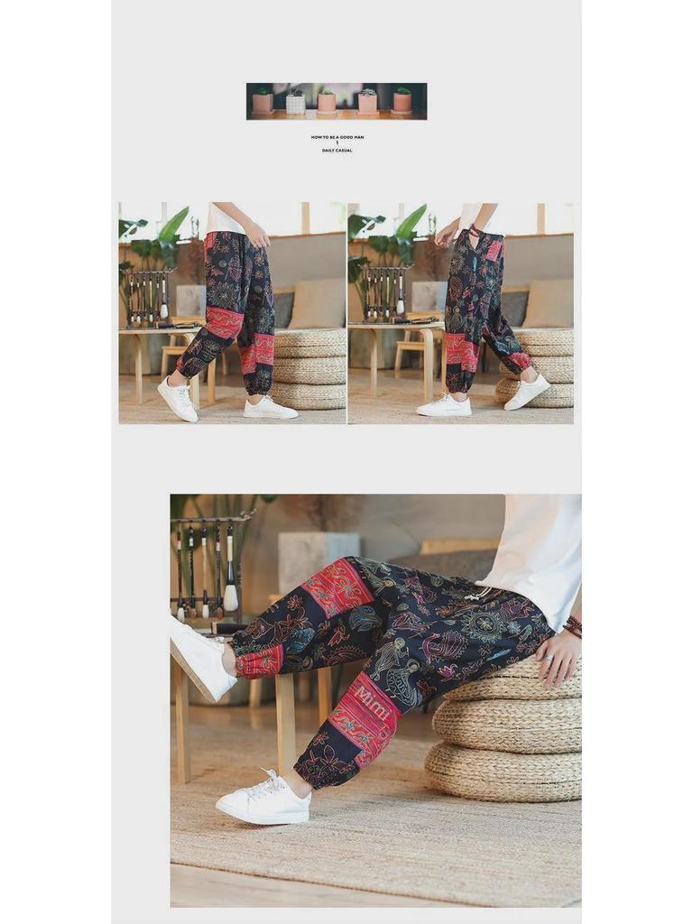 Herren Sommer Kaschublume Leinen Thai Hose – Weitbein, Locker sitzend, Neunpunkt-Stil mit Bündchen