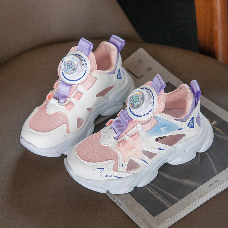 Kids Sports Sandals Hollowed-out Mesh Breathable Students Running Shoes for Summer 2025 New Boys Girls Sneakers Rotating Button