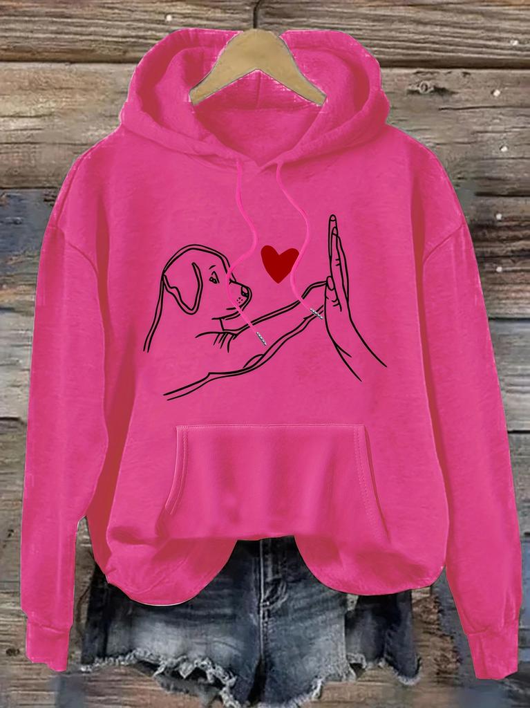 Women's autumn and winter casual loose warm personalized cat pattern printed suede long sleeved hooded sweatshirt
