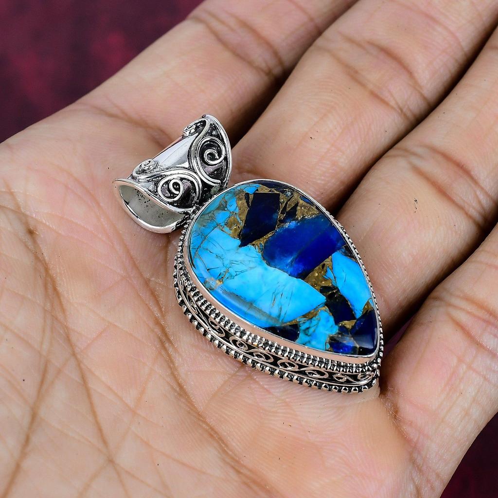 Copper Lapis Turquoise Handmade Gemstone Pendant, 925 Solid Sterling Silver Pendant Antique Jewelry, Love Forever Gift