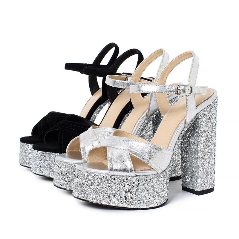 Summer New Leather Casual Waterproof Table Thick Heel Open Toe One-word Buckle with Thick Sole Super High Heel Sandals