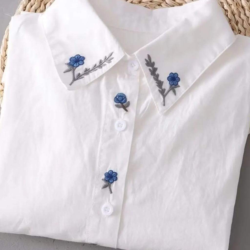 Spring Autumn Pure Cotton White Shirts Women Turn Down Collar Embroidered Long Sleeve Casual Tops Little Blue Flower