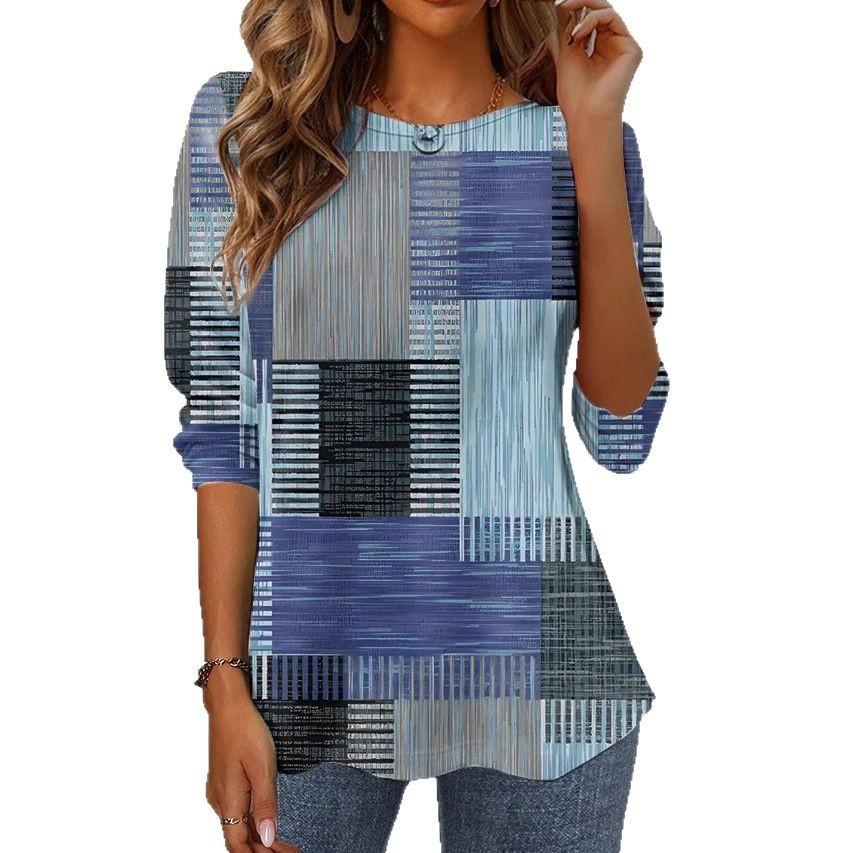 

Круглый вырез 3D ретро клетчатый узор принтованный топ модные повседневные длинные рукава женские футболки 5XL