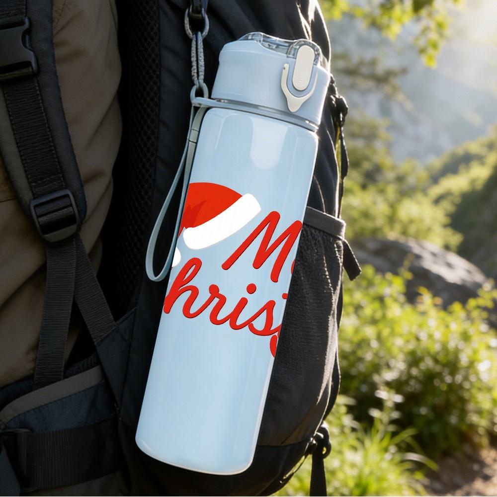 1PC Merry Christmas Red Text Letter 750ml Color Plastic Sports Water Bottle Leakproof Flip Straw Lid Suitable for Sports Office Home Use