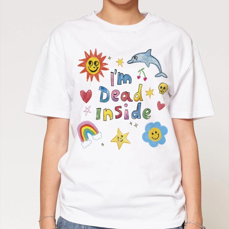 Ich bin innerlich tot T-Shirt Herren Damen Niedliches Doodle Grafik-T-Shirt Bunt Glücklich Traurig Streetwear Kurzarm Lässiges Übergroßes Oberteil