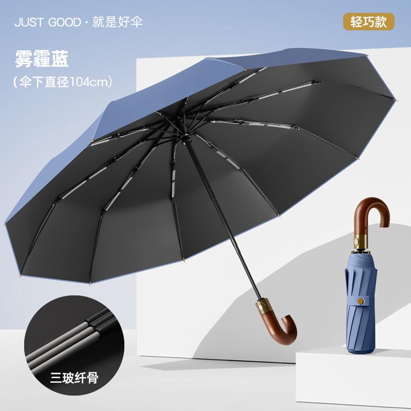 New 10-bone Automatic Oversized Umbrella Retro Umbrella Lettering Solid Wood Curved Handle Men's Dual-use