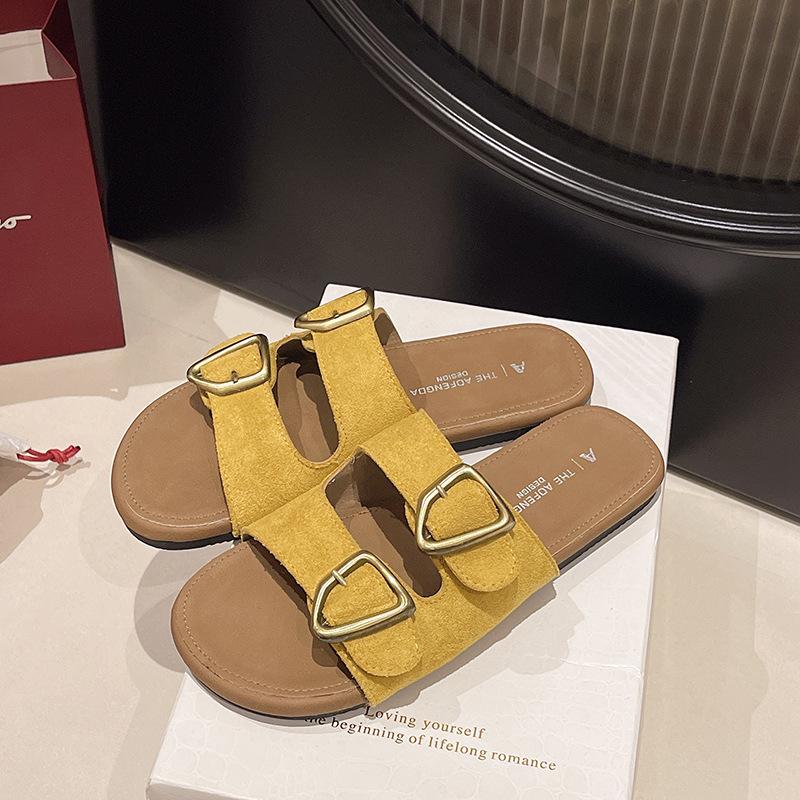 

Простые однословные драг женские модель 2025 лето новая одна педаль ленивые универсальные верхняя одежда пряжка ремня пляжные крутые шлепанцы 37 жёлтый
