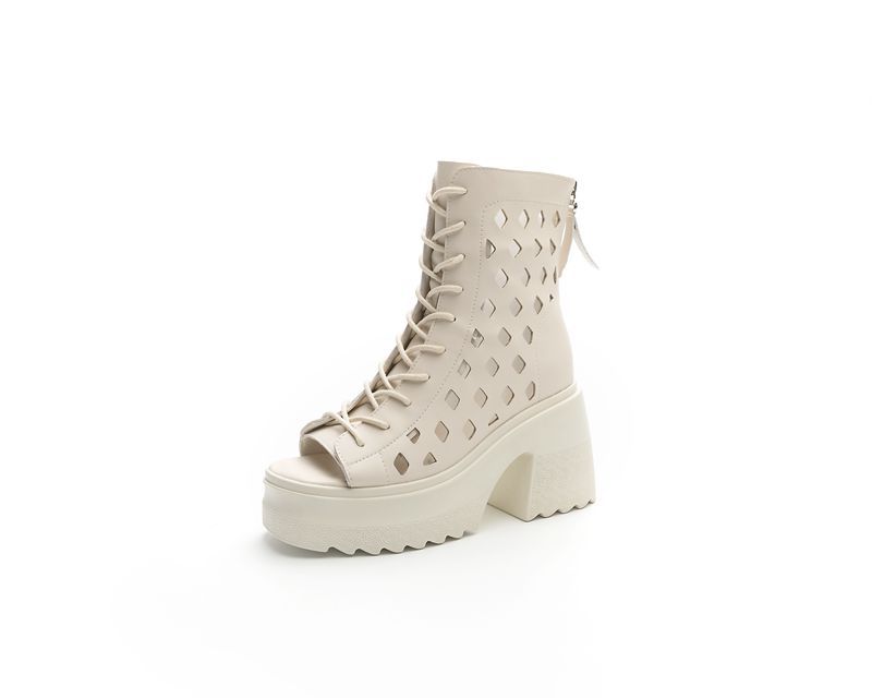 

Мода 10 см Женские Летние Короткие Ботильоны Мода Полые Натуральная Кожа Толстый Высокий Каблук Женские Ботильоны с Открытым Носком Обувь Женская 35 бежевый