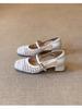 Women's Genuine Leather Mary Jane Sandals - Hollow Weave, Single Buckle, Breathable Square Toe, Chunky Heel.