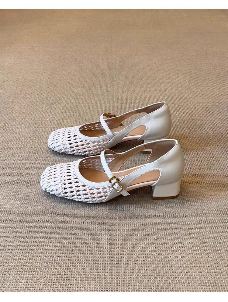 Women's Genuine Leather Mary Jane Sandals - Hollow Weave, Single Buckle, Breathable Square Toe, Chunky Heel.