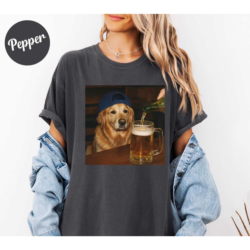 2026 Sommer Spaß Golden Retriever trinkt Bier T-Shirt, Hund Emoji Muster T-Shirt, Lustiges und Neues T-Shirt Gothic Baumwolle Übergroße T-Shirts
