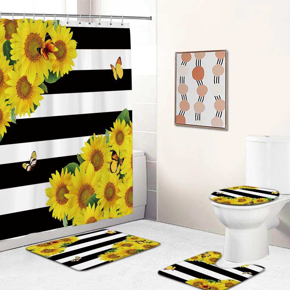 Sunflower Black Shower Curtains Beautiful Flowers 3D Print Bathroom Curtain Set Toilet Cover Bath Mat Non-Slip Rug With 12 Hooks