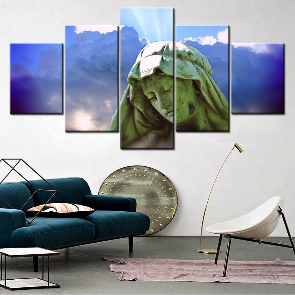 

5 Pieces Canvas Wall Arts Poster Painting Statue Under Divine Light Wallpaper Home Decor Picture Printing For Living Room Mural 20X35 20X45 20X55CM