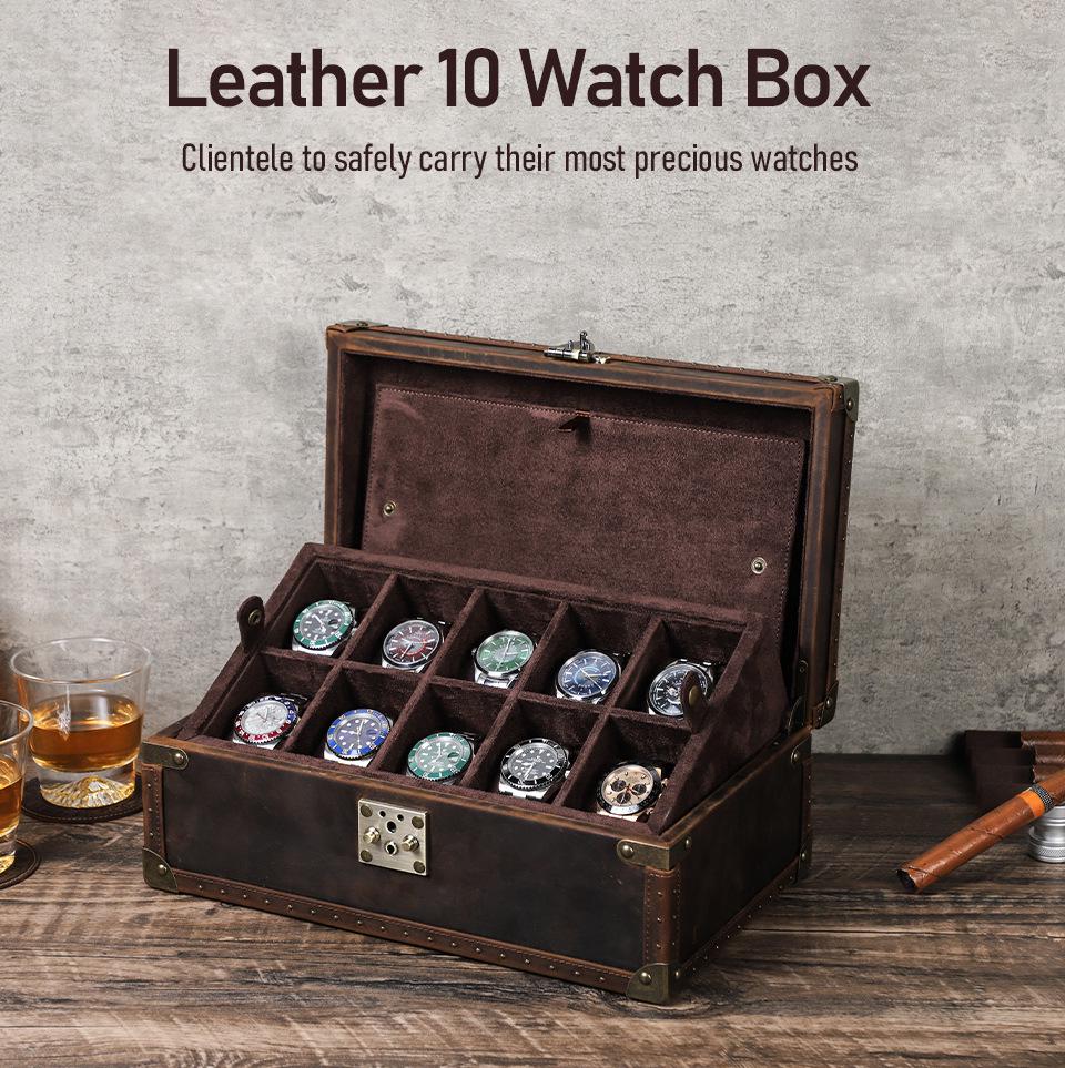 Handmade Retro Crazy Horse Leather Watch Display & Collection Box - Ten-Slot Drop-Proof Design