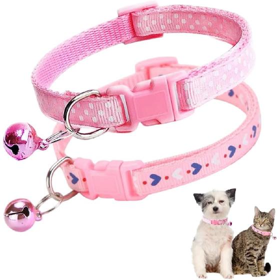 Pink Dog Collar with Bell for Small Dogs, 2-Pack Puppy Dog Collar with Bells for Girls Kitten Cat Collars Buckle for Tiny Little XXS XS XSmall Small
