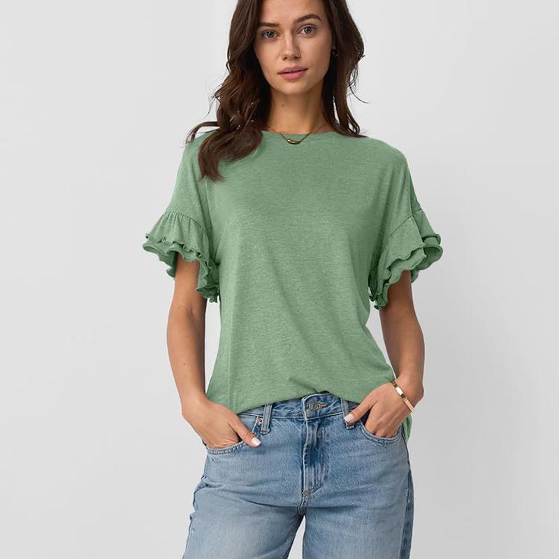 Damen Sommer Rüschen Kurzarm O-Ausschnitt Einfarbig Pullover T-Shirt Top