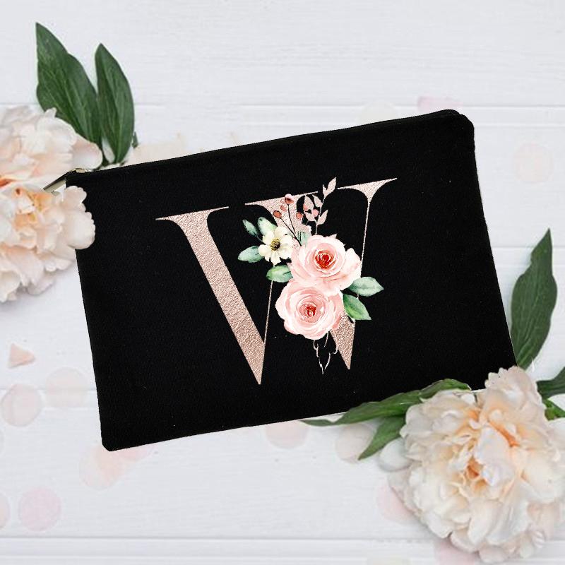 Borsa per il trucco floreale con alfabeto, damigella d'onore, damigella d'onore, festa, matrimonio, addio al nubilato, regalo, in tela, con cerniera, per cosmetici