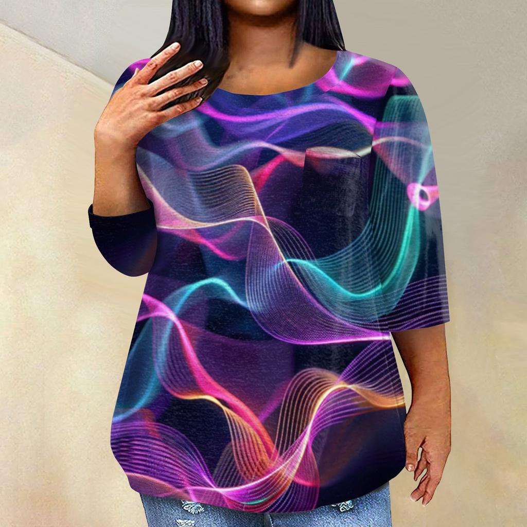 Women's Fashionable Casual Three Quarter Sleeve Printed Round Neck Pullover Top